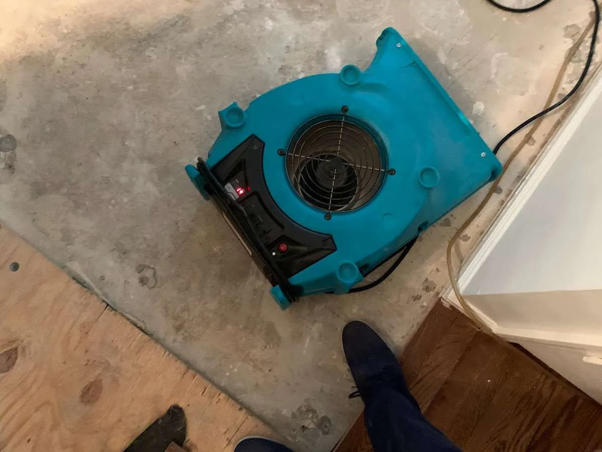 Air mover drying subfloor during Commercial Water Damage Restoration in Porterville